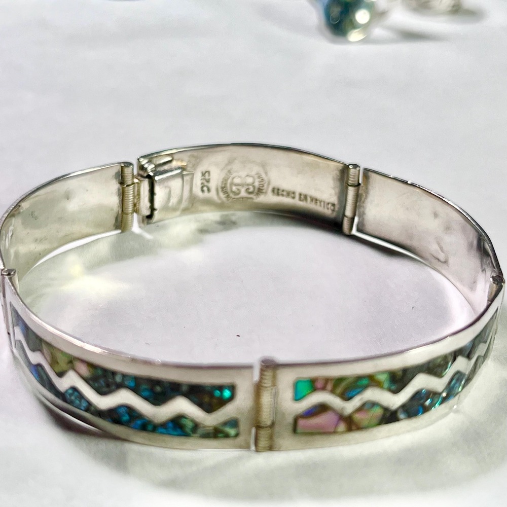 Los Ballesteros Taxco Sterling Silver Abalone Inlay Hinged Bangle Bracelet 925